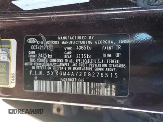 2014 Kia Optima LX z VIN 5XXGM4A72EG276515, wystawiony jako Copart lot #86771364 z przebiegiem 92 244 mil mil oraz Czysty tytuł • Clean title. Historia ofert i sprzedaży dostępna na DreamBid. Obrazek 13.