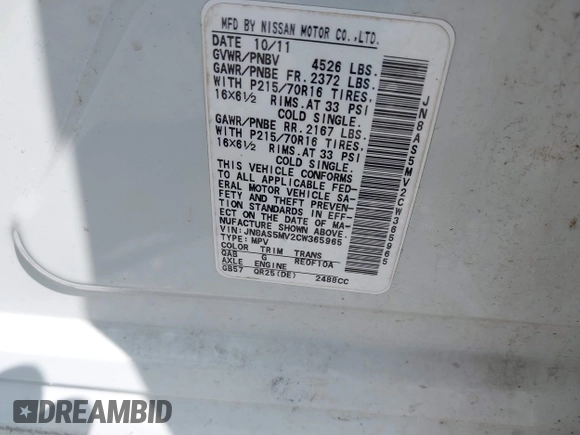 2012 Nissan Rogue S with VIN JN8AS5MV2CW365965, listed as a IAAI auction lot 42717451 with 195,891 mi miles and . Bid and sale history available at DreamBid. Image 9.