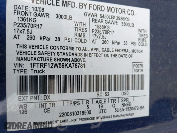 2009 Ford F-150 XL z VIN 1FTRF12W59KA76781, wystawiony jako IAAI lot #42420565 z przebiegiem 75 637 mil mil oraz . Historia ofert i sprzedaży dostępna na DreamBid. Obrazek 9.