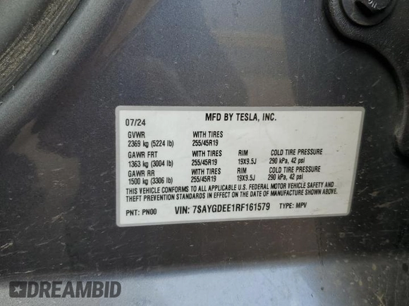 2024 Tesla Model Y Long Range с VIN 7SAYGDEE1RF161579, выставлен на аукционе Copart как лот 59901495 с пробегом 38 556 миль миль и Списание • Salvage title. История ставок и продаж доступна на DreamBid. Изображение 12.