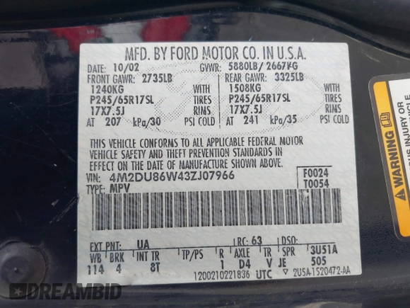 2003 Mercury Mountaineer Convenience с VIN 4M2DU86W43ZJ07966, выставлен на аукционе IAAI как лот 42230759 с пробегом 187 087 миль миль и . История ставок и продаж доступна на DreamBid. Изображение 9.