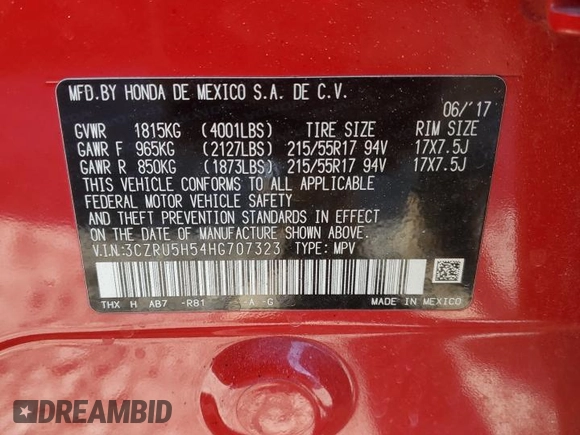 2017 Honda HR-V EX with VIN 3CZRU5H54HG707323, listed as a Copart auction lot 47455175 with Not Provided miles and Salvage Title. Bid and sale history available at carsss.com. Image 13.