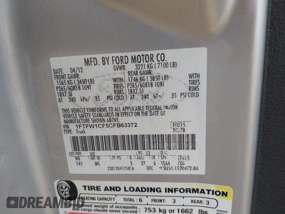 2012 Ford F-150 XL with VIN 1FTFW1CF5CFB63372, listed as a IAAI auction lot 41747703 with 202,219 mi miles. Bid and sale history available at carsss.com. Image 9.