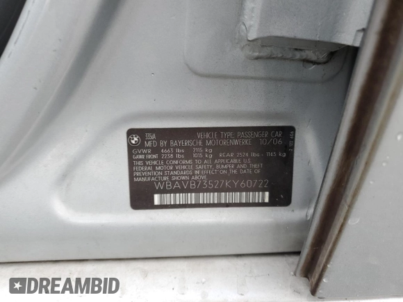 2007 BMW 3 Series 335i with VIN WBAVB73527KY60722, listed as a Copart auction lot 48382075 with 164,453 mi miles and Salvage Title. Bid and sale history available at carsss.com. Image 12.