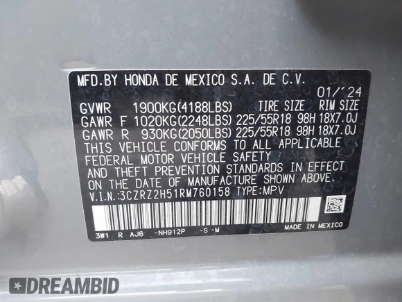 2024 Honda HR-V Sport with VIN 3CZRZ2H51RM760158, listed as a IAAI auction lot 41298703 with 34,828 mi miles. Bid and sale history available at carsss.com. Image 9.