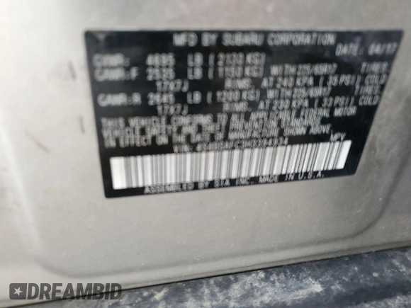2017 Subaru Outback Premium z VIN 4S4BSAFC3H3394934, wystawiony jako IAAI lot #42070433 z przebiegiem 114 860 mil mil oraz . Historia ofert i sprzedaży dostępna na DreamBid. Obrazek 1.