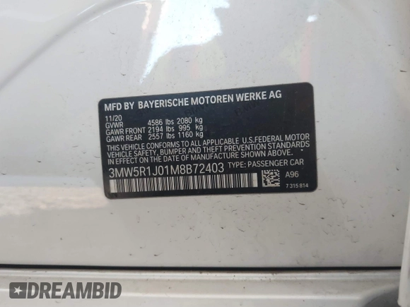 2021 BMW 3 Series 330i with VIN 3MW5R1J01M8B72403, listed as a IAAI auction lot 41583430 with 51,399 mi miles. Bid and sale history available at carsss.com. Image 9.