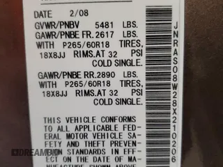 2008 Infiniti FX with VIN JNRAS08W28X210206, listed as a Copart auction lot 55919345 with 186,927 mi miles and Salvage title. Bid and sale history available at DreamBid. Image 14.