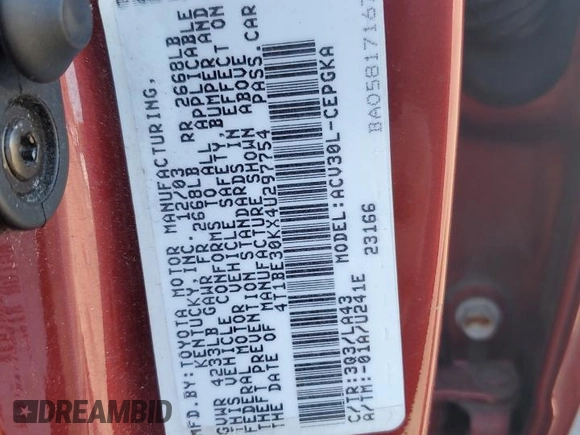 2004 Toyota Camry LE with VIN 4T1BE30KX4U297754, listed as a Copart auction lot 50795425 with 184,152 mi miles and Salvage Title. Bid and sale history available at DreamBid. Image 12.