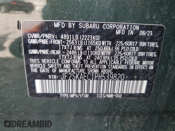 2023 Subaru Forester Premium with VIN JF2SKAEC1PH539820, listed as a Copart auction lot 61533035 with 21,518 mi miles and Salvage title. Bid and sale history available at DreamBid. Image 14.