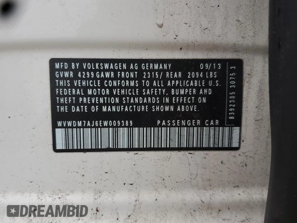 2014 Volkswagen Golf TDI with VIN WVWDM7AJ6EW009389, listed as a Copart auction lot 61379895 with Not provided miles and Salvage title. Bid and sale history available at DreamBid. Image 12.