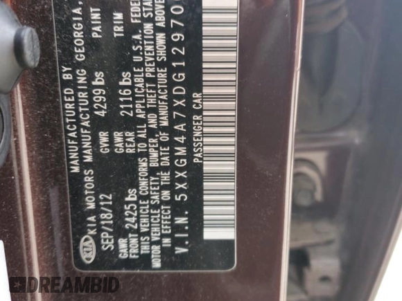 2013 Kia Optima LX z VIN 5XXGM4A7XDG129700, wystawiony jako Copart lot #47581035 z przebiegiem 121 247 mil mil oraz Szkody całkowita. Historia ofert i sprzedaży dostępna na DreamBid. Obrazek 14.