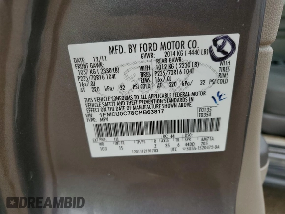 2012 Ford Escape XLS с VIN 1FMCU0C78CKB63817, выставлен на аукционе Copart как лот 64386755 с пробегом 114 415 миль миль и Чистый • Clean title. История ставок и продаж доступна на DreamBid. Изображение 13.