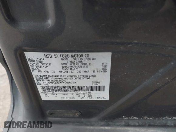 2015 Ford F-150 XLT with VIN 1FTEW1EGXFFA08354, listed as a IAAI auction lot 41627569 with 125,940 mi miles and . Bid and sale history available at DreamBid. Image 9.