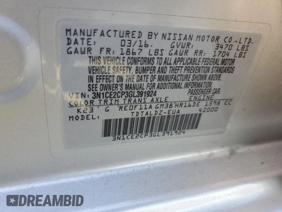 2016 Nissan Note S Plus with VIN 3N1CE2CP3GL391924, listed as a Copart auction lot 41749575 with 93,043 mi miles and Clean Title. Bid and sale history available at DreamBid. Image 13.