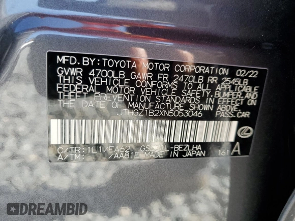 2022 Lexus IS 350 F Sport with VIN JTHGZ1B2XN5053046, listed as a Copart auction lot 57384665 with 36,080 mi miles and Salvage title. Bid and sale history available at DreamBid. Image 13.