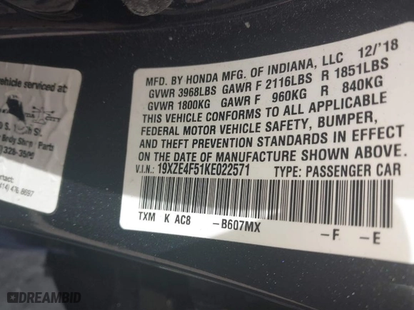 2019 Honda Insight EX with VIN 19XZE4F51KE022571, listed as a IAAI auction lot 41813138 with 99,711 mi miles. Bid and sale history available at carsss.com. Image 9.