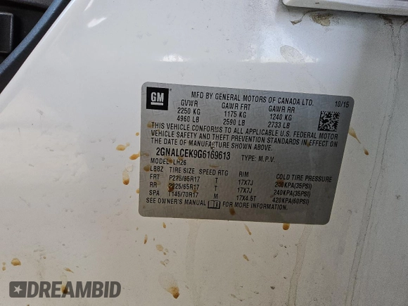 2016 Chevrolet Equinox LT with VIN 2GNALCEK9G6169613, listed as a Copart auction lot 51071715 with 152,794 mi miles and Clean Title. Bid and sale history available at carsss.com. Image 13.