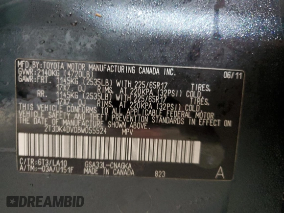 2011 Toyota RAV4 Ltd with VIN 2T3DK4DV0BW055524, listed as a Copart auction lot 47546935 with 165,175 mi miles and Salvage Title. Bid and sale history available at carsss.com. Image 13.