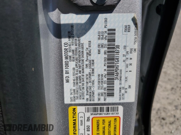 2016 Ford Fusion SE with VIN 3FA6P0H71GR118730, listed as a Copart auction lot 63500985 with 84,563 mi miles and Salvage title. Bid and sale history available at DreamBid. Image 13.