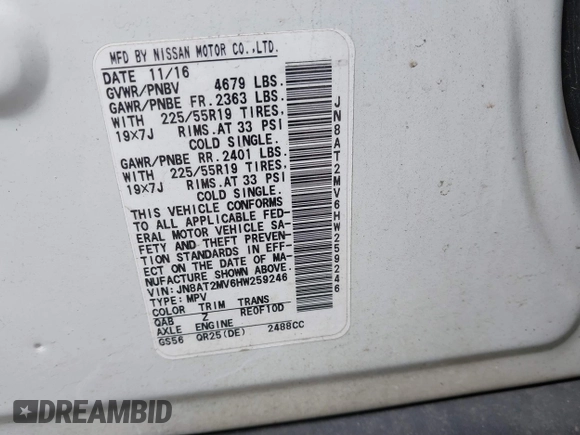 2017 Nissan Rogue S with VIN JN8AT2MV6HW259246, listed as a IAAI auction lot 39910150 with 95,224 mi miles and . Bid and sale history available at DreamBid. Image 9.