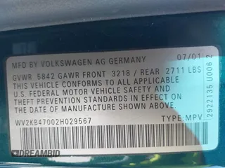 2002 Volkswagen EuroVan с VIN WV2KB47002H029567, выставлен на аукционе IAAI как лот 41628376 с пробегом 156 866 миль миль и . История ставок и продаж доступна на DreamBid. Изображение 9.