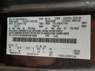 2016 Ford F-150 XLT с VIN 1FTFX1EG5GFD61684, выставлен на аукционе Copart как лот 56030485 с пробегом 62 280 миль миль и Списание • Salvage title. История ставок и продаж доступна на DreamBid. Изображение 13.