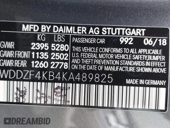 2019 Mercedes-Benz E 300 with VIN WDDZF4KB4KA489825, listed as a IAAI auction lot 41878228 with 55,029 mi miles and . Bid and sale history available at DreamBid. Image 9.