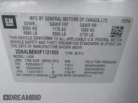 2015 Chevrolet Equinox LT with VIN 2GNALBEK8F1121655, listed as a IAAI auction lot 41248101 with 215,461 mi miles. Bid and sale history available at carsss.com. Image 9.