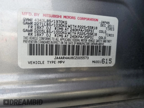 2012 Mitsubishi Outlander SE with VIN JA4AR4AU8CZ005573, listed as a Copart auction lot 51875805 with 124,038 mi miles and Clean title. Bid and sale history available at DreamBid. Image 13.