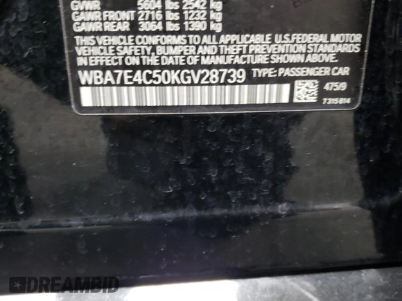 2019 BMW 7 Series 740i xDrive with VIN WBA7E4C50KGV28739, listed as a Copart auction lot 69882784 with 24,695 mi miles and Clean title. Bid and sale history available at DreamBid. Image 12.