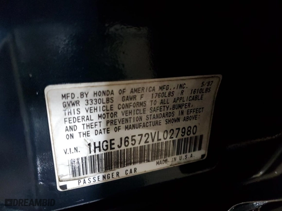 1997 Honda Civic LX with VIN 1HGEJ6572VL027980, listed as a Copart auction lot 53024335 with 269,396 mi miles and Salvage Title. Bid and sale history available at carsss.com. Image 12.