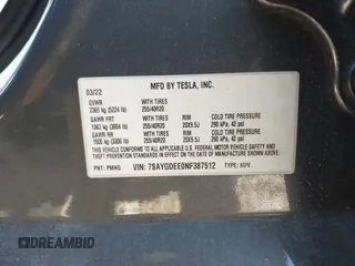 2022 Tesla Model Y Long Range with VIN 7SAYGDEE0NF387512, listed as a IAAI auction lot 41850901 with Not Provided miles and . Bid and sale history available at carsss.com. Image 9.