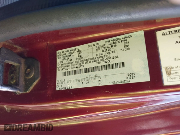 2004 Ford Econoline Cargo with VIN 1FTSE34L84HA02196, listed as a IAAI auction lot 41906849 with Not Provided miles and . Bid and sale history available at carsss.com. Image 9.