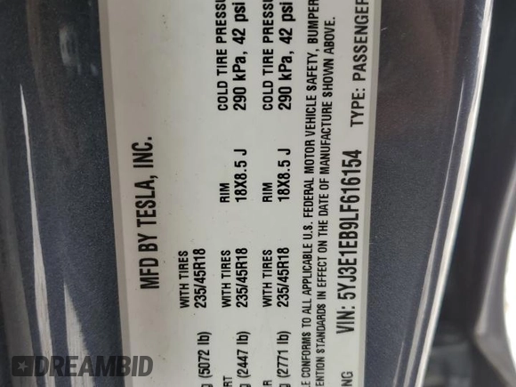 2020 Tesla Model 3 Long Range with VIN 5YJ3E1EB9LF616154, listed as a Copart auction lot 46785145 with 88,676 mi miles and Salvage Title. Bid and sale history available at carsss.com. Image 12.