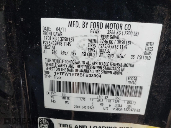 2011 Ford F-150 XLT with VIN 1FTFW1ET8BFB33994, listed as a IAAI auction lot 41601905 with 93,075 mi miles. Bid and sale history available at carsss.com. Image 9.