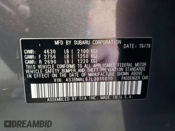 2020 Subaru Legacy Limited z VIN 4S3BWAL67L3010010, wystawiony jako Copart lot #59595955 z przebiegiem 49 892 mil mil oraz Szkoda całkowita • Salvage title. Historia ofert i sprzedaży dostępna na DreamBid. Obrazek 12.