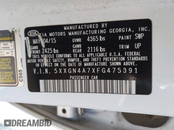 2015 Kia Optima EX with VIN 5XXGN4A7XFG475391, listed as a IAAI auction lot 42468698 with 144,914 mi miles and . Bid and sale history available at DreamBid. Image 9.