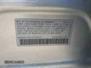 2012 Volkswagen CC Lux Limited Edition with VIN WVWHN7AN7CE508223, listed as a Copart auction lot 56702945 with 121,156 mi miles and Salvage title. Bid and sale history available at DreamBid. Image 12.