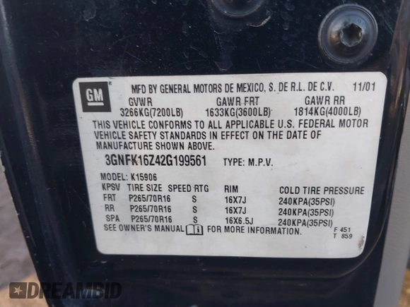 2002 Chevrolet Suburban Z71 with VIN 3GNFK16Z42G199561, listed as a IAAI auction lot 41442707 with 229,823 mi miles. Bid and sale history available at carsss.com. Image 9.