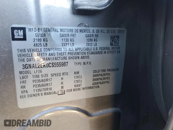 2012 Chevrolet Captiva Sport LS with VIN 3GNAL2EK0CS555987, listed as a Copart auction lot 72177014 with 168,504 mi miles and Clean Title. Bid and sale history available at DreamBid. Image 13.