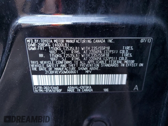 2013 Toyota RAV4 Limited with VIN 2T3DFREV5DW068661, listed as a Copart auction lot 88339815 with 179,214 mi miles and Clean Title. Bid and sale history available at carsss.com. Image 13.