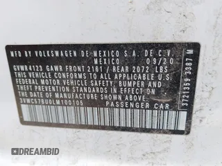 2020 Volkswagen Jetta S z VIN 3VWC57BU0LM100105, wystawiony jako IAAI lot #42213806 z przebiegiem 53 707 mil mil oraz . Historia ofert i sprzedaży dostępna na DreamBid. Obrazek 9.
