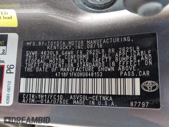 2017 Toyota Camry XLE with VIN 4T1BF1FK0HU648153, listed as a IAAI auction lot 42098836 with 131,933 mi miles and . Bid and sale history available at DreamBid. Image 9.