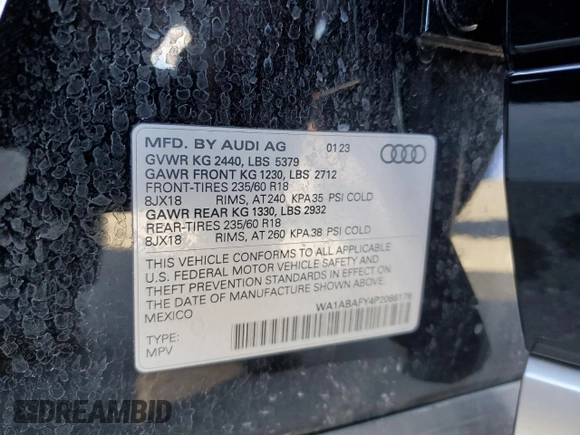 2023 Audi Q5 Premium with VIN WA1ABAFY4P2086178, listed as a Copart auction lot 43965375 with 21,883 mi miles and Salvage title. Bid and sale history available at DreamBid. Image 15.