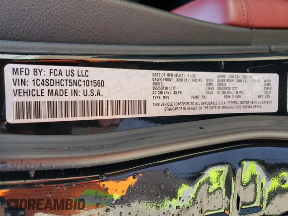 2022 Dodge Durango R/T with VIN 1C4SDHCT5NC101560, listed as a Copart auction lot 45810645 with 83,837 mi miles and Salvage title. Bid and sale history available at DreamBid. Image 13.