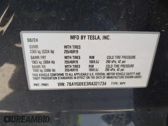 2024 Tesla Model Y Long Range with VIN 7SAYGDEE3RA321734, listed as a IAAI auction lot 40825378 with 4,440 mi miles and . Bid and sale history available at DreamBid. Image 9.