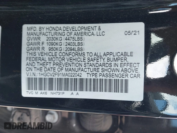 2021 Honda Accord Touring z VIN 1HGCV2F91MA022042, wystawiony jako IAAI lot #42301183 z przebiegiem 67 397 mil mil oraz . Historia ofert i sprzedaży dostępna na DreamBid. Obrazek 9.