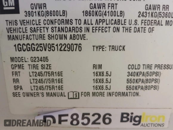 2005 Chevrolet Express Cargo with VIN 1GCGG25V951229076, listed as a IAAI auction lot 42031009 with 114,530 mi miles and . Bid and sale history available at DreamBid. Image 9.