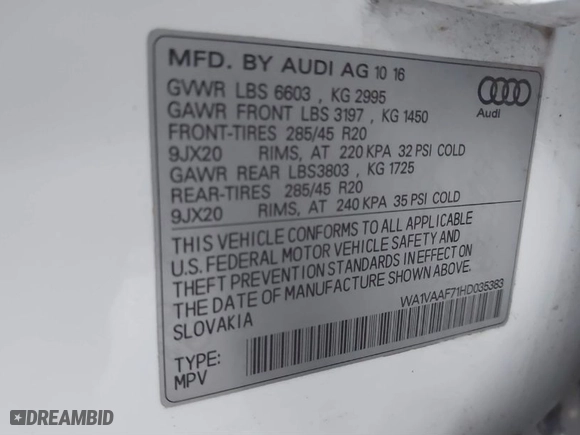 2017 Audi Q7 Prestige with VIN WA1VAAF71HD035383, listed as a IAAI auction lot 40849776 with 89,303 mi miles. Bid and sale history available at carsss.com. Image 9.